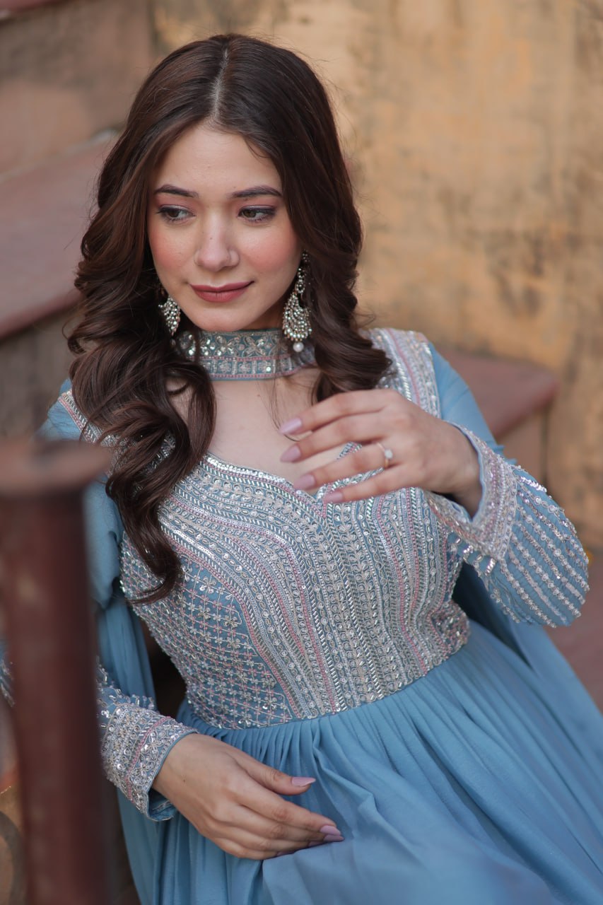 Demanding Sky Blue Color Star Georgette With Embroidery Beads Sequins Work Designer Gown
