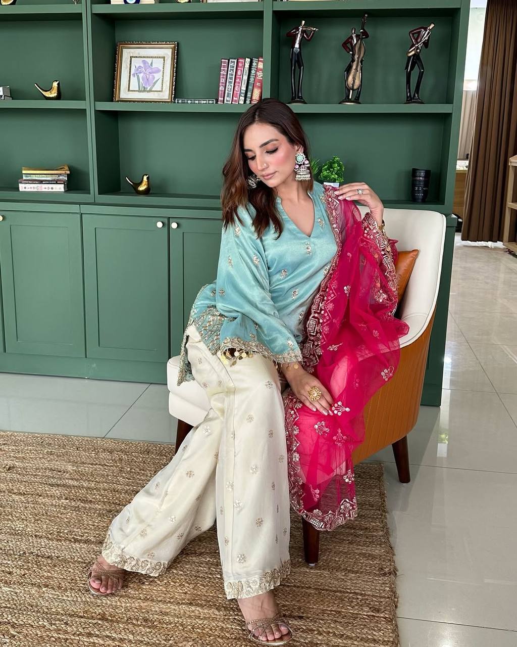 Function Wear Sky Blue Color Heavy French Crepe With Embroidery Sequins Work Palazzo Suit