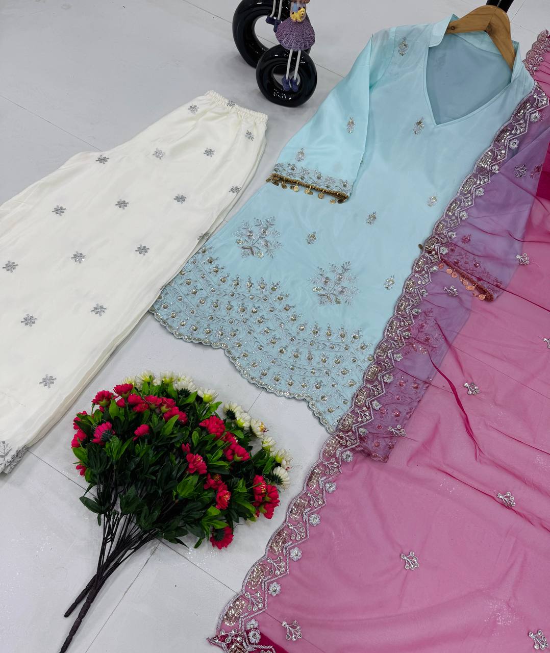 Function Wear Sky Blue Color Heavy French Crepe With Embroidery Sequins Work Palazzo Suit