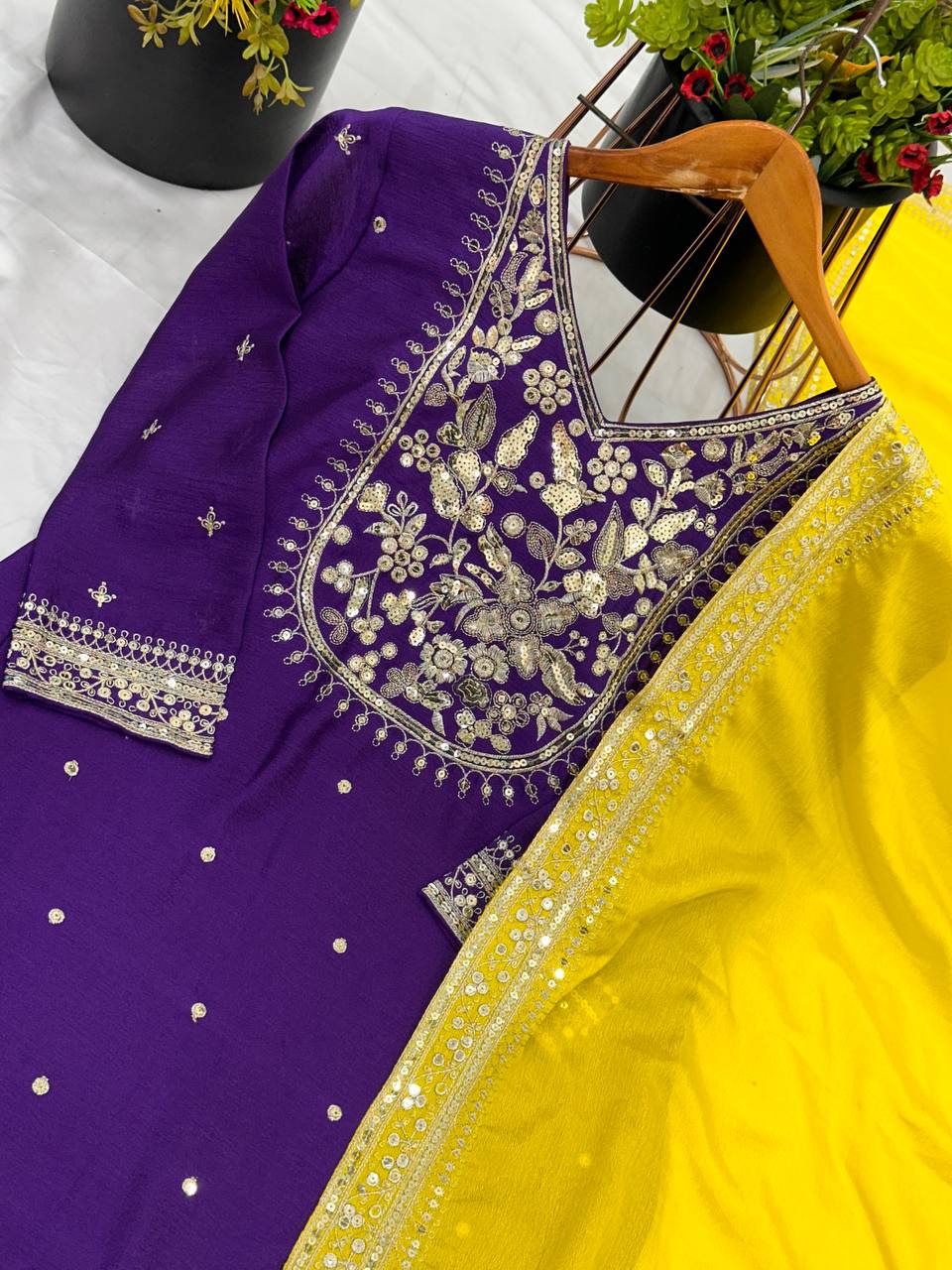 Function Wear Purple Color Heavy Pure Chinon Silk With 5mm Embroidery Sequence Work Palazzo Suit