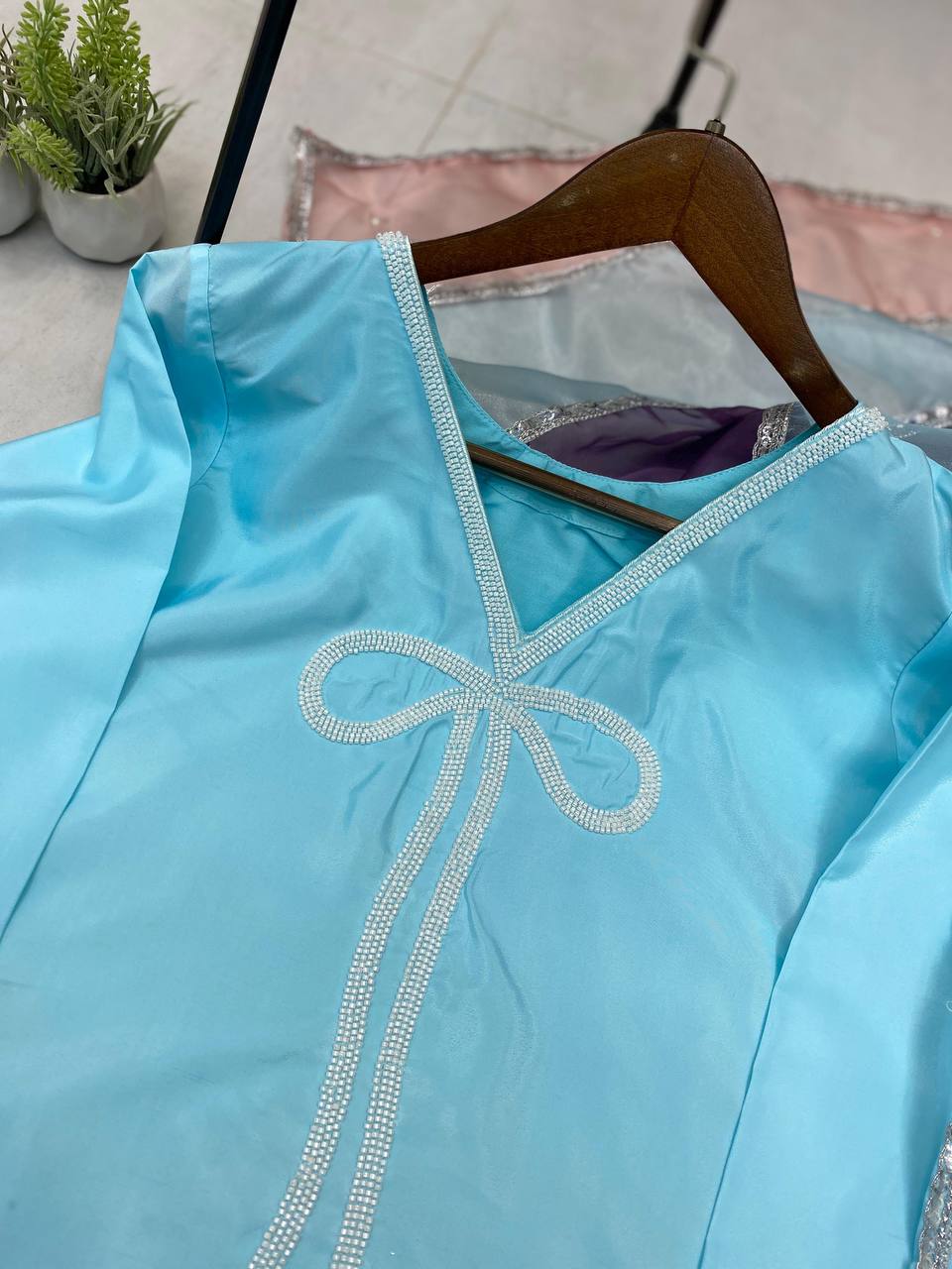 Shining Sky Color French Crepe With Beads Work Designer Salwar Suit