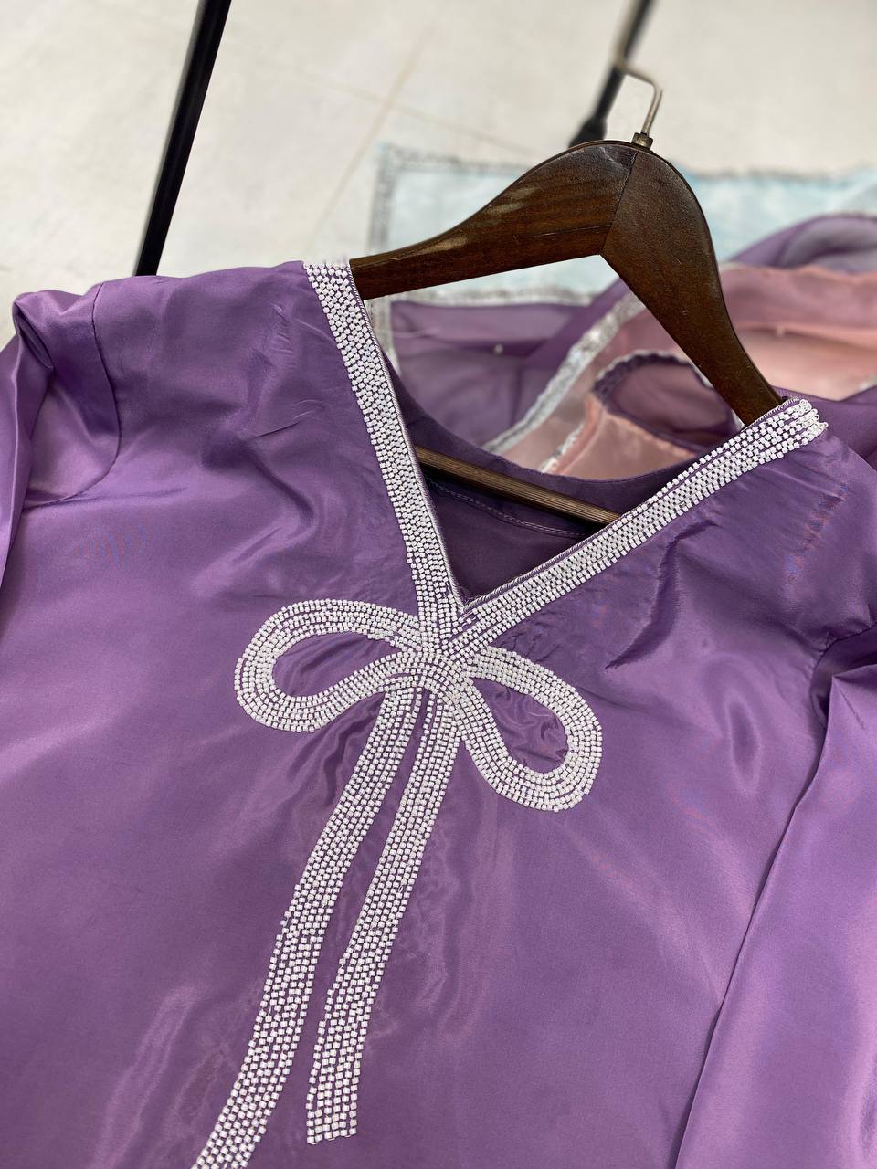 Shining Lavender Color French Crepe With Beads Work Designer Salwar Suit