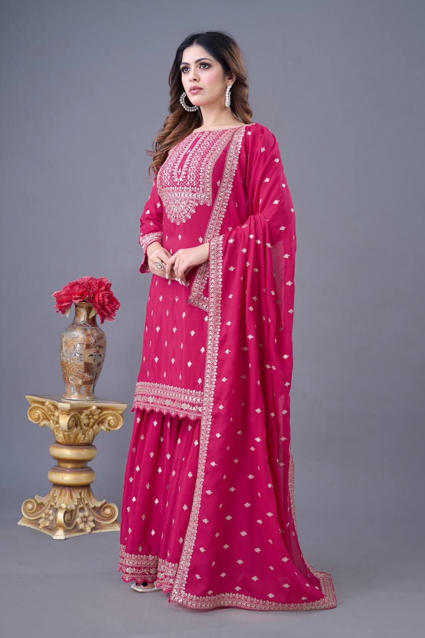 Trendy Pink Color Heavy Georgette Embroidery Work Designer Sharara Suit