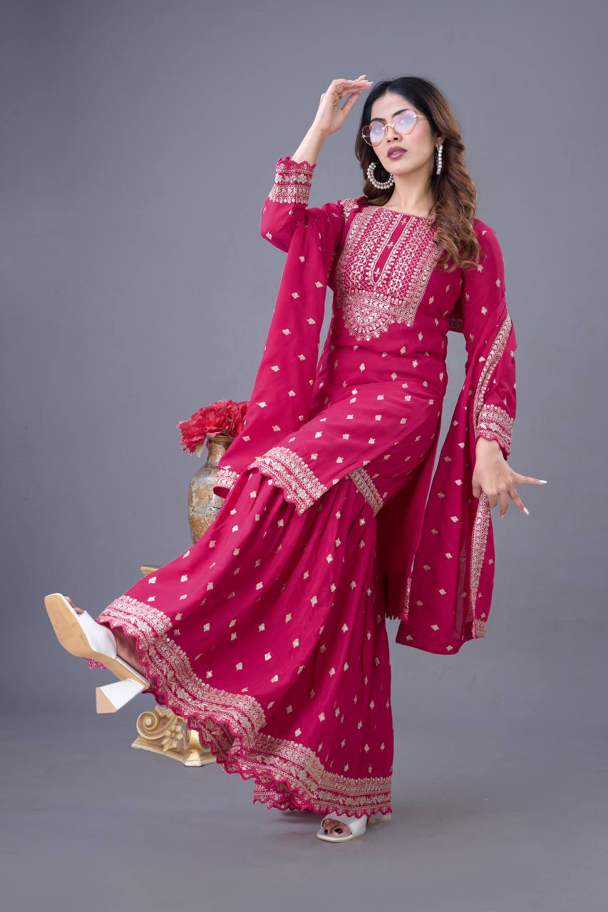 Trendy Pink Color Heavy Georgette Embroidery Work Designer Sharara Suit