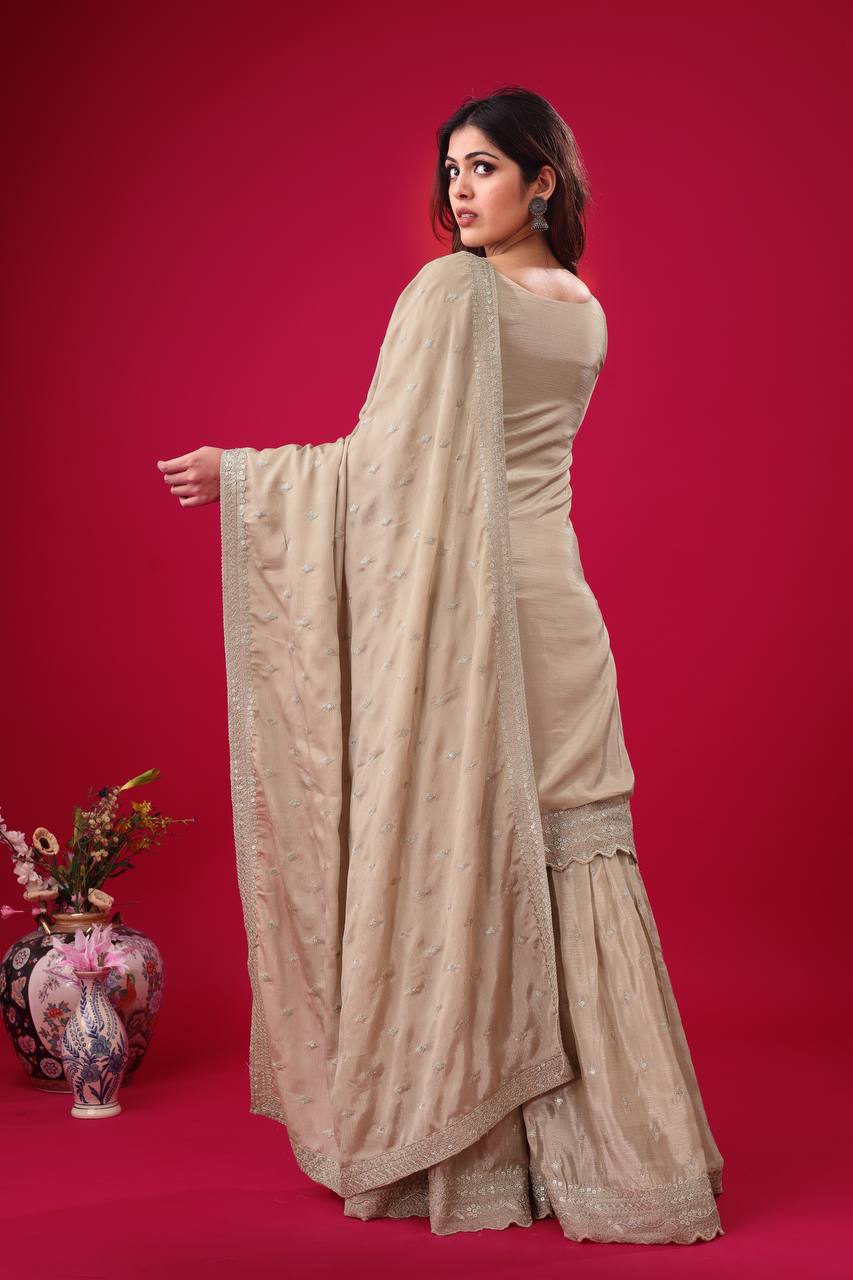 Trendy Beige Color Heavy Georgette Embroidery Work Designer Sharara Suit