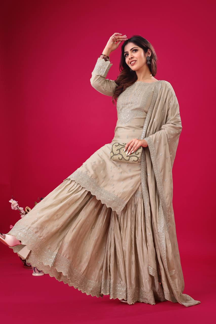 Trendy Beige Color Heavy Georgette Embroidery Work Designer Sharara Suit
