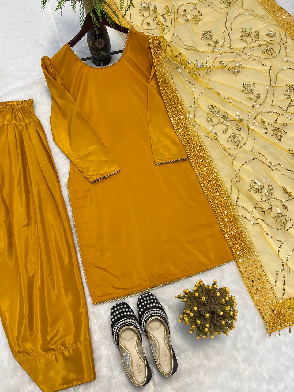 Function Wear Haldi Special Yellow Color Heavy Natural Crep Silk Fancy Less Border Work Salwar Suit