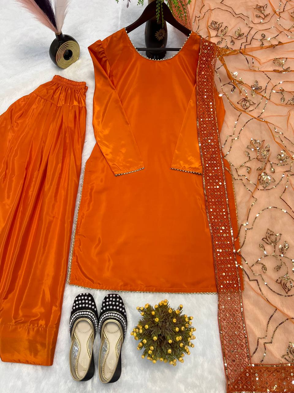 Function Wear Orange Color Heavy Natural Crep Silk Fancy Less Border Work Salwar Suit