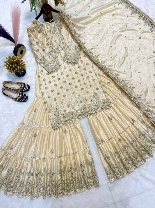 Party Wear White Color Heavy Chinon With Heavy Embroidery Sequence Work Sharara Suit