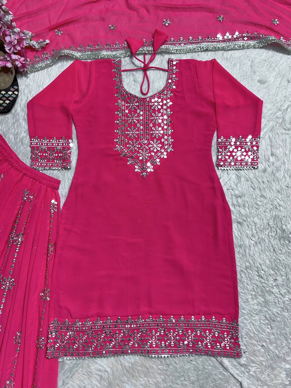 Party Wear Pink Heavy Faux Georgette With Embroidery Sequence Work Palazzo Suit