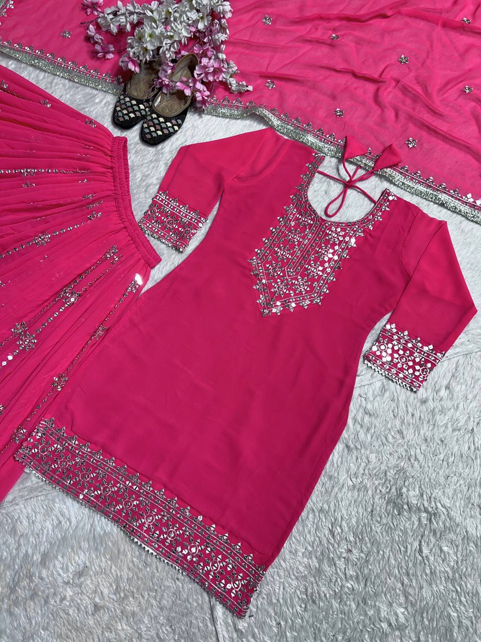 Party Wear Pink Heavy Faux Georgette With Embroidery Sequence Work Palazzo Suit