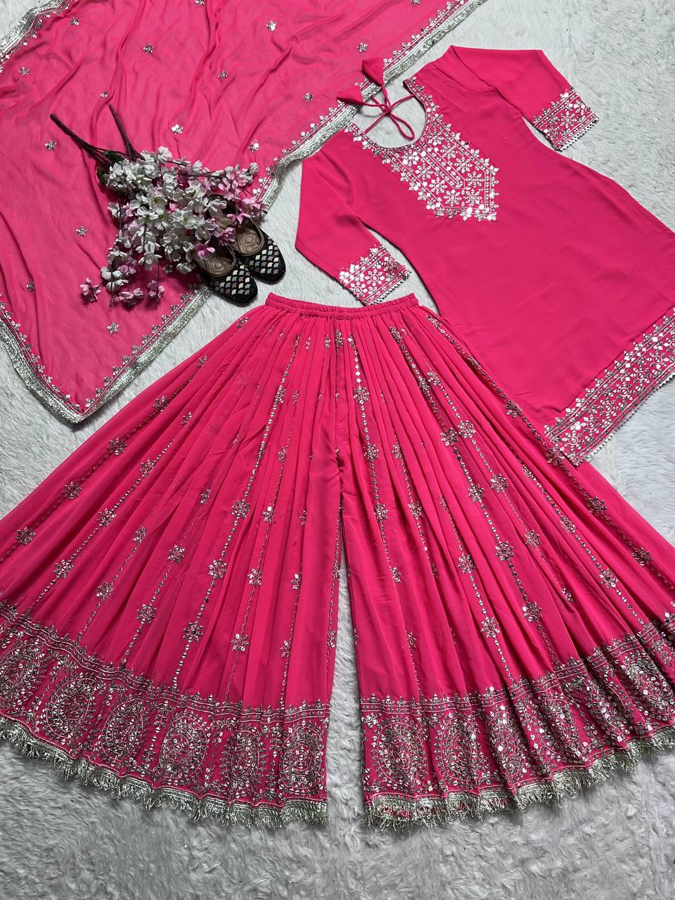 Party Wear Pink Heavy Faux Georgette With Embroidery Sequence Work Palazzo Suit