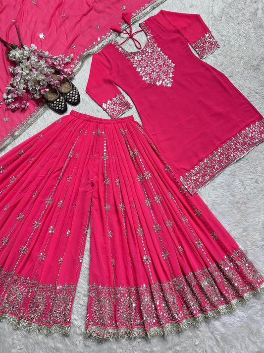 Party Wear Pink Heavy Faux Georgette With Embroidery Sequence Work Palazzo Suit