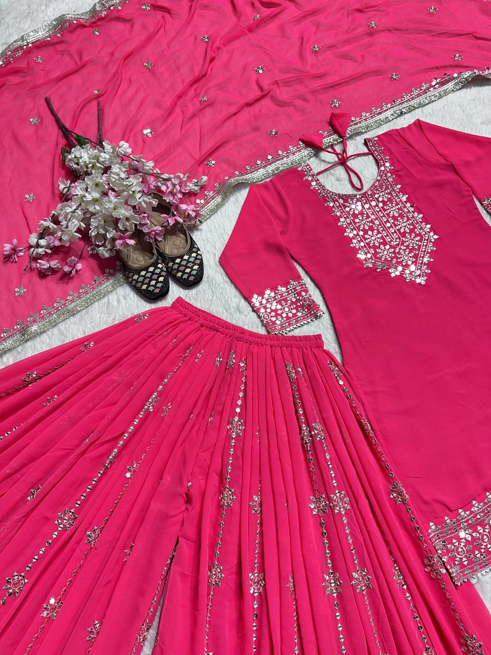 Party Wear Pink Heavy Faux Georgette With Embroidery Sequence Work Palazzo Suit