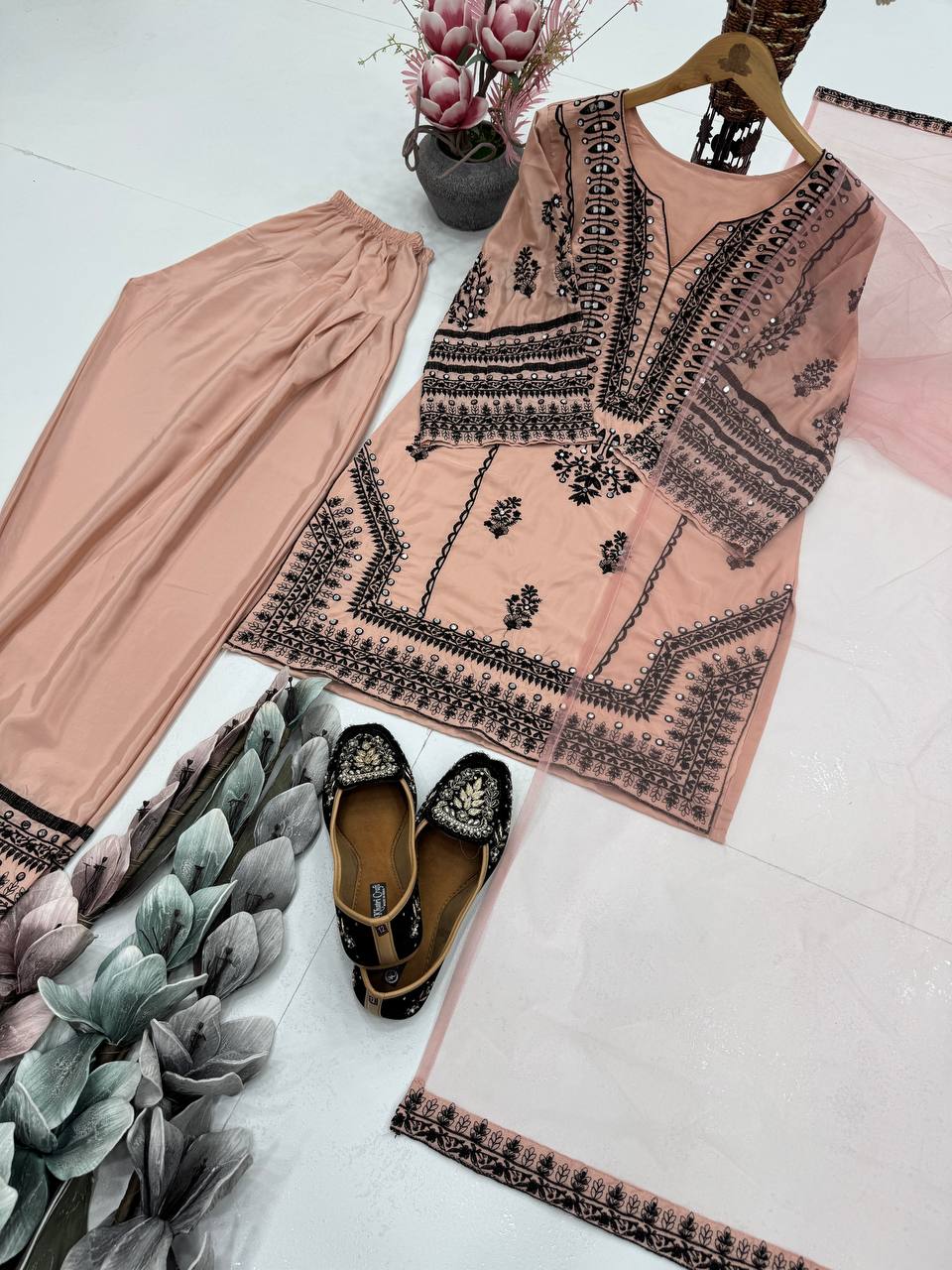 Traditional Wear Light Peach Color Heavy Natural Silk Embroidery Work With Mirror Hand Work Palazzo Suit