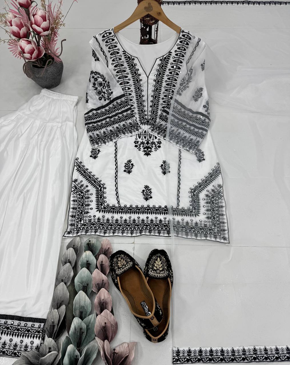Engagement Wear White Color Heavy Natural Silk Embroidery Work With Mirror Hand Work Palazzo Suit