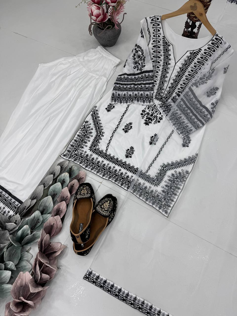Engagement Wear White Color Heavy Natural Silk Embroidery Work With Mirror Hand Work Palazzo Suit