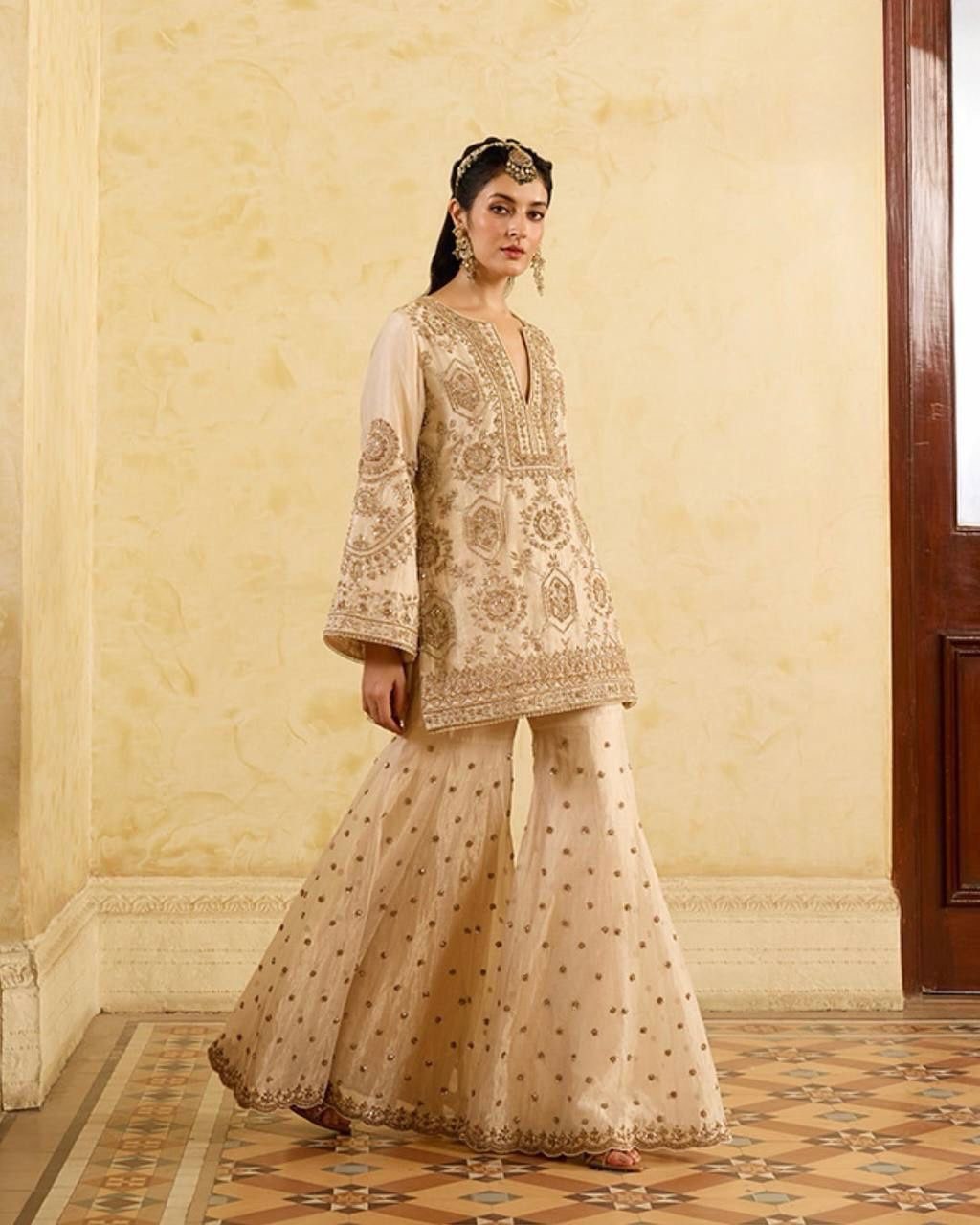 Alluring Cream Color Chinon Silk And Thread With Sequence Work Palazzo Suit
