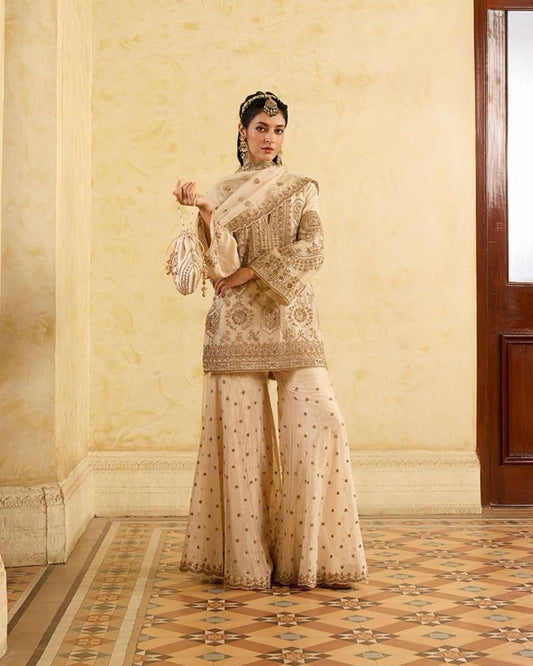 Alluring Cream Color Chinon Silk And Thread With Sequence Work Palazzo Suit