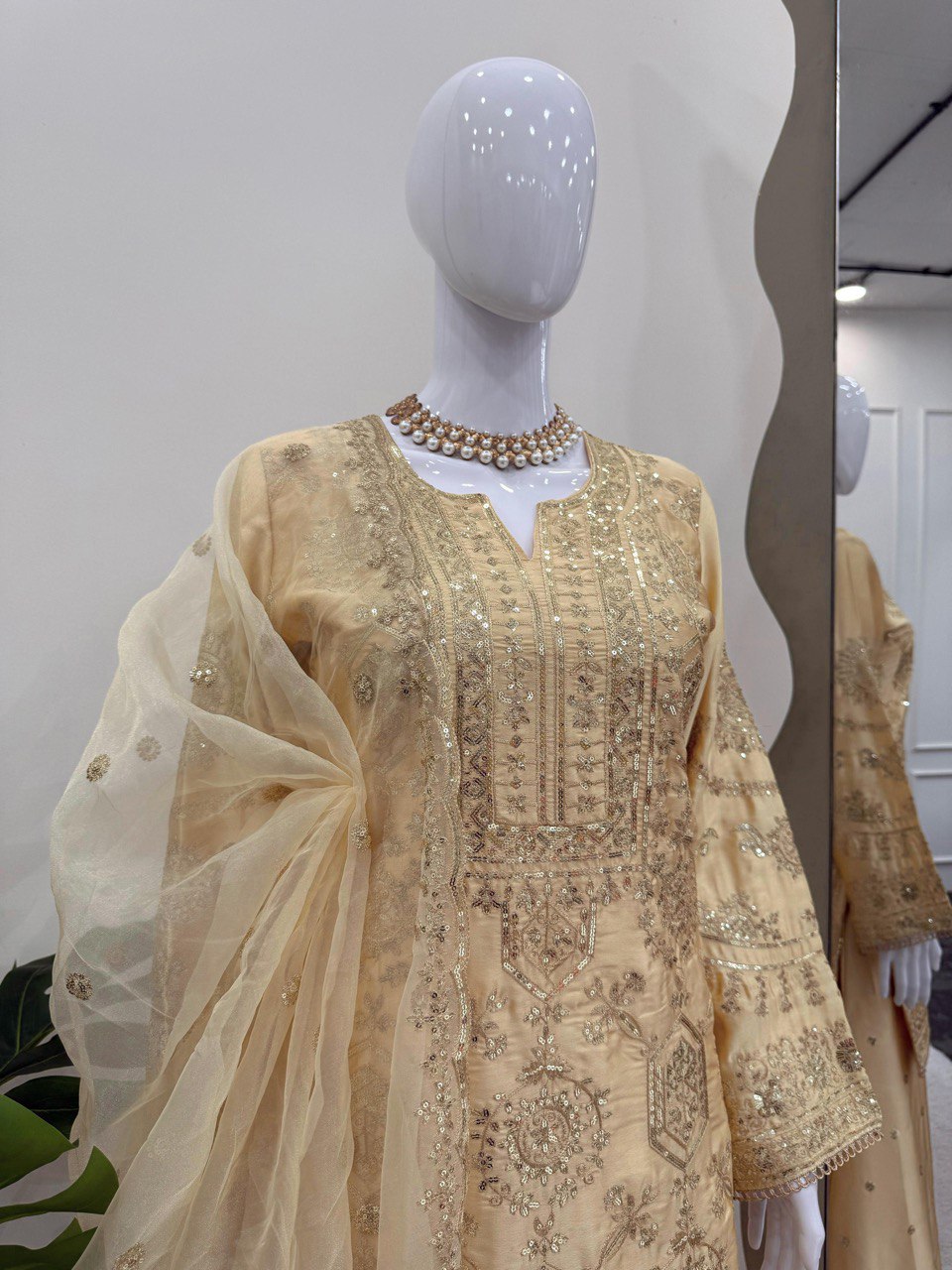 Alluring Cream Color Chinon Silk And Thread With Sequence Work Palazzo Suit