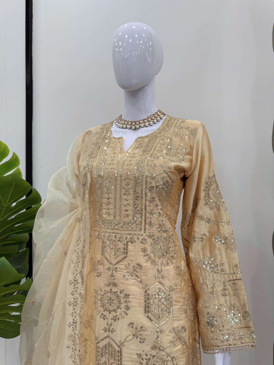Alluring Cream Color Chinon Silk And Thread With Sequence Work Palazzo Suit