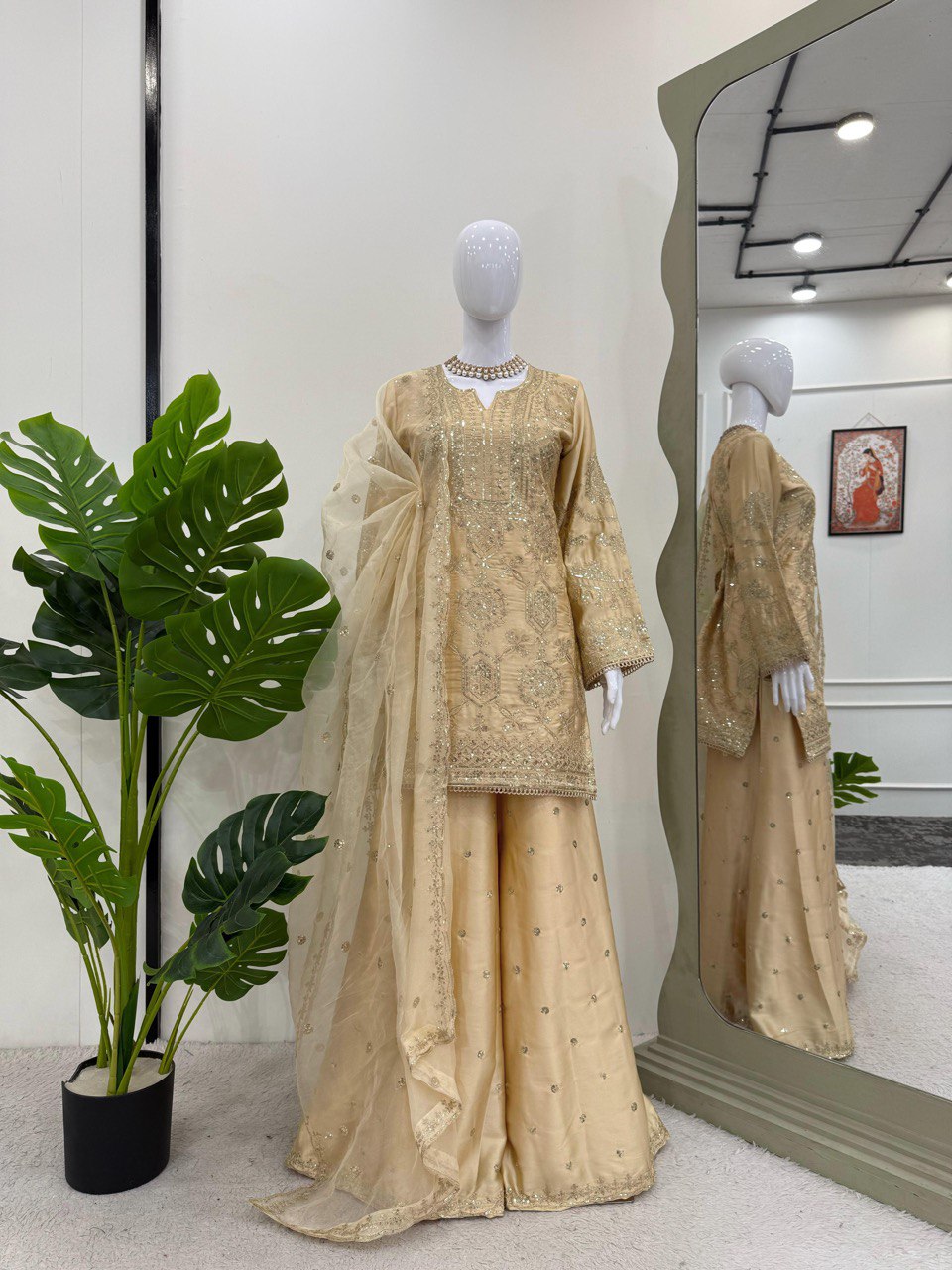 Alluring Cream Color Chinon Silk And Thread With Sequence Work Palazzo Suit