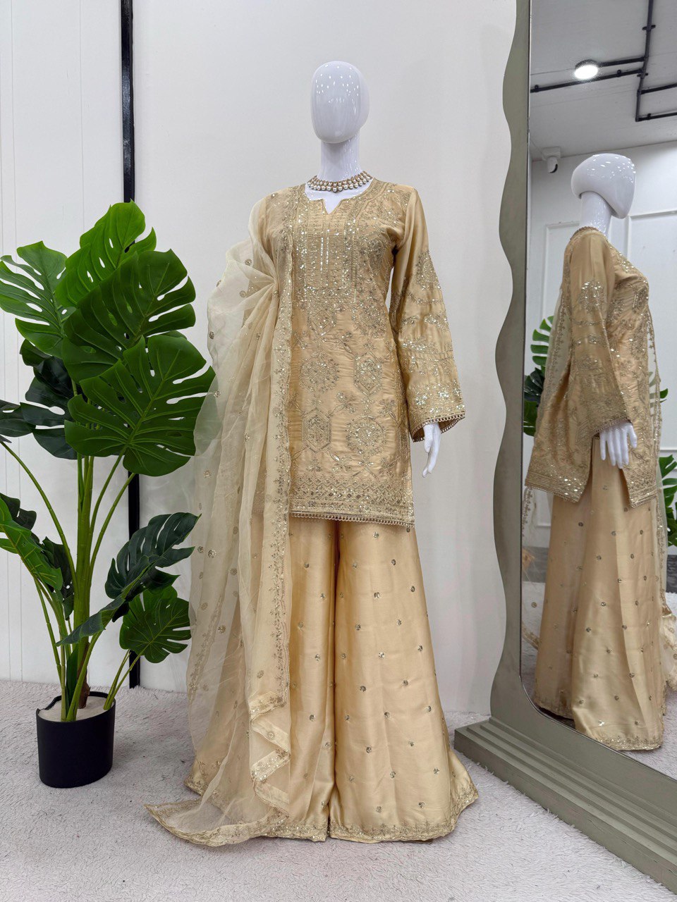 Alluring Cream Color Chinon Silk And Thread With Sequence Work Palazzo Suit