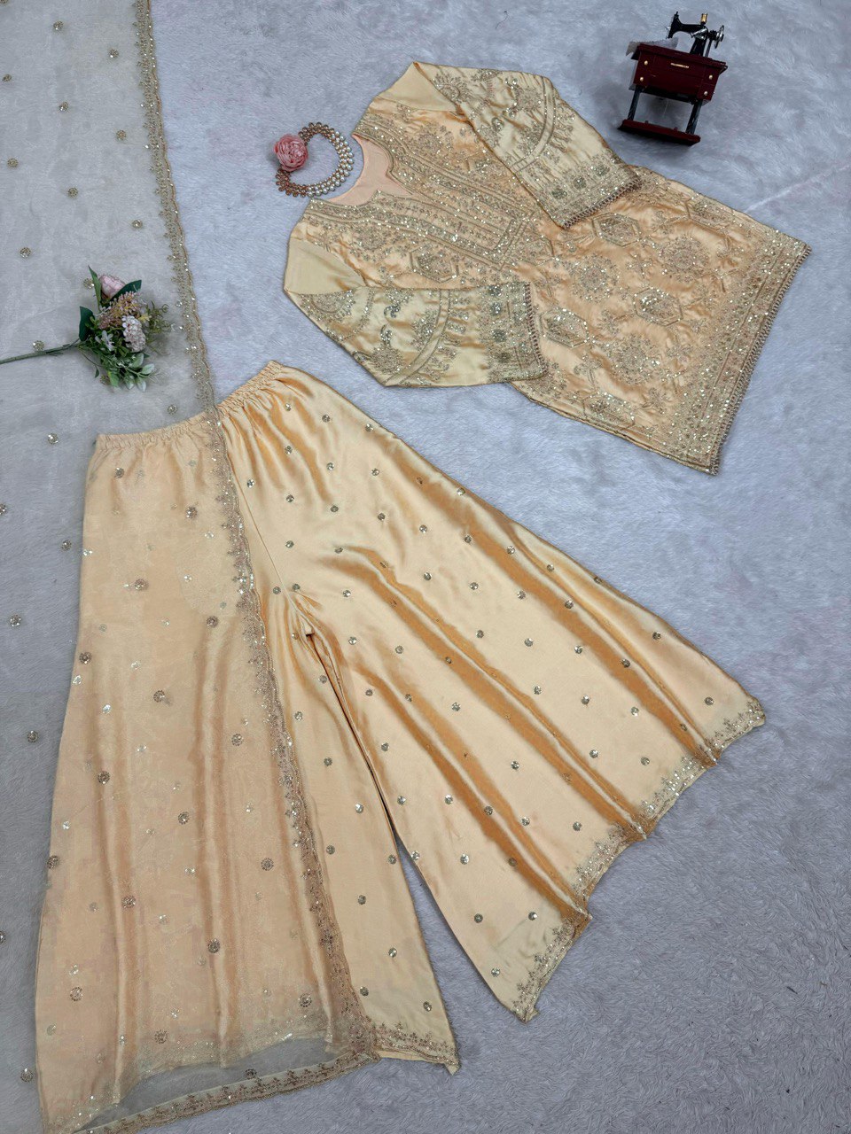 Alluring Cream Color Chinon Silk And Thread With Sequence Work Palazzo Suit