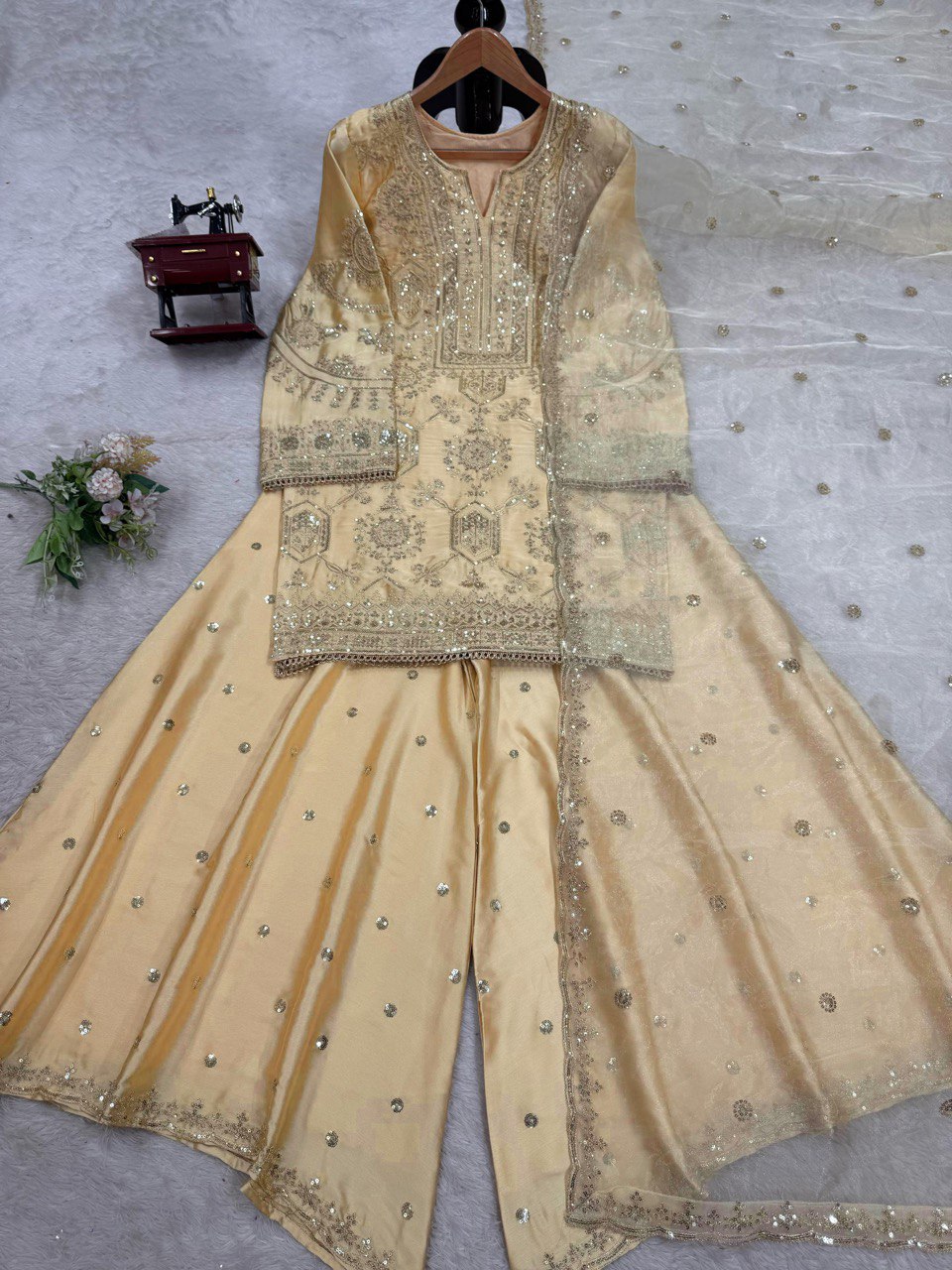 Alluring Cream Color Chinon Silk And Thread With Sequence Work Palazzo Suit