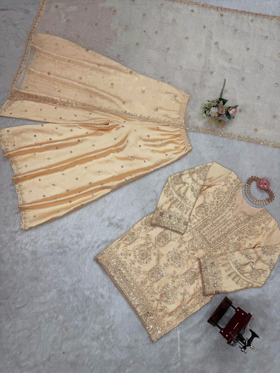 Alluring Cream Color Chinon Silk And Thread With Sequence Work Palazzo Suit