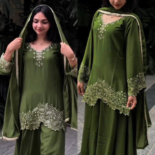 Fabulous Green Color Heavy Faux Georgette With Embroidery Beads Work Palazzo Suit