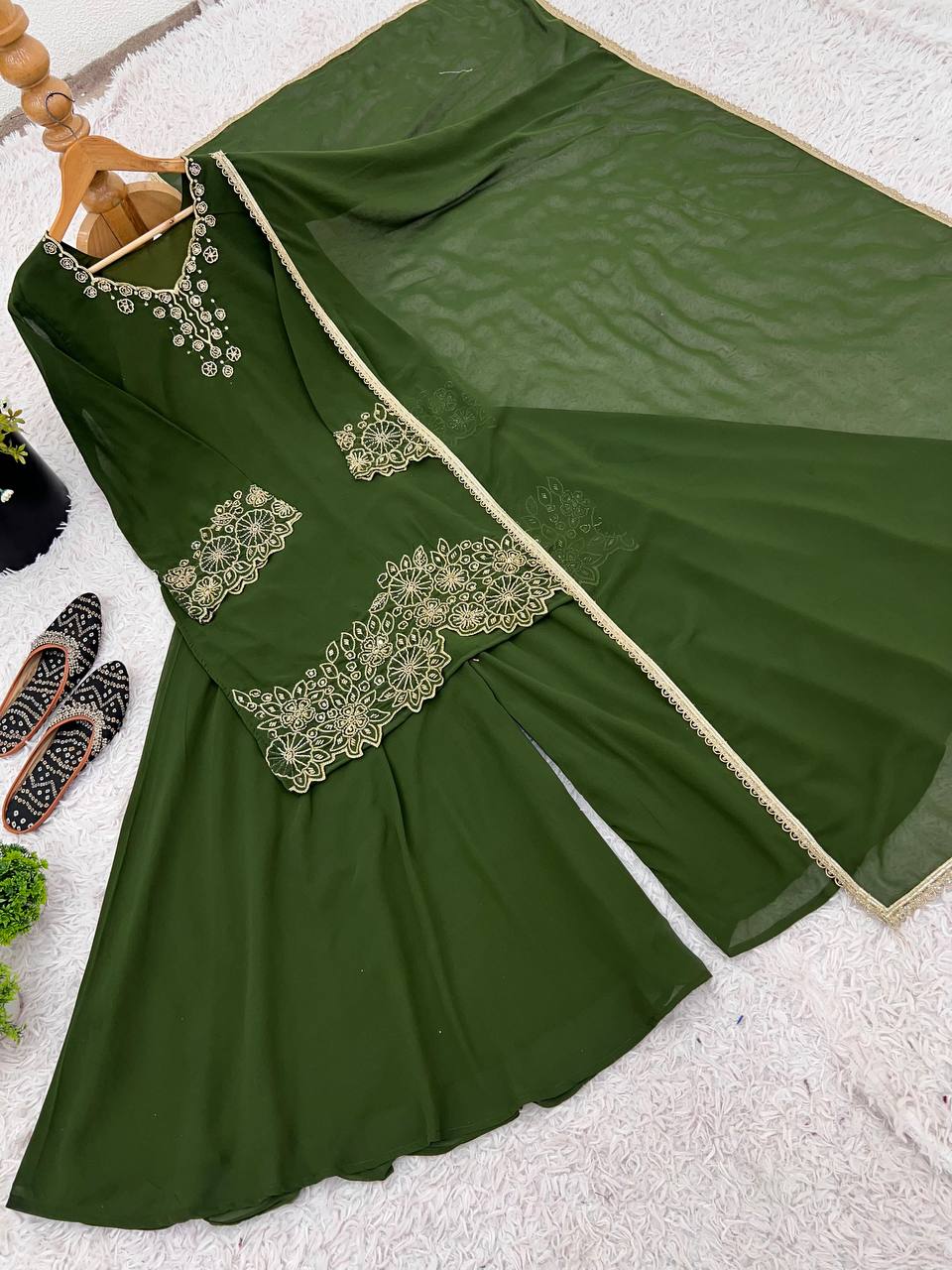 Fabulous Green Color Heavy Faux Georgette With Embroidery Beads Work Palazzo Suit