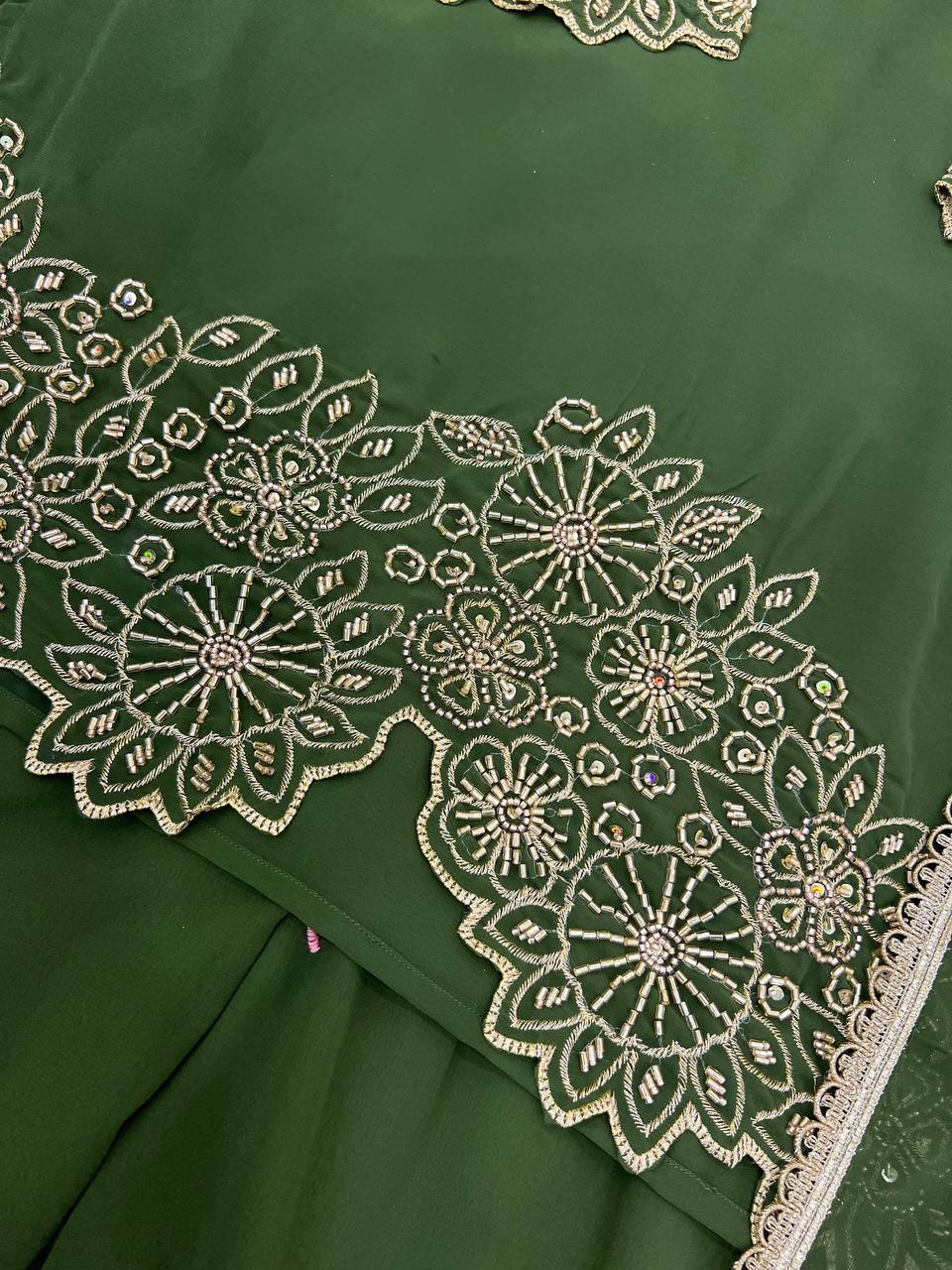Fabulous Green Color Heavy Faux Georgette With Embroidery Beads Work Palazzo Suit