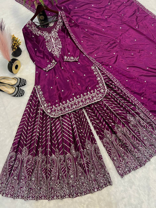 Party Wear Wine Color Pure Heavy Chinon Silk With Heavy Embroidery Work Palazzo Suit