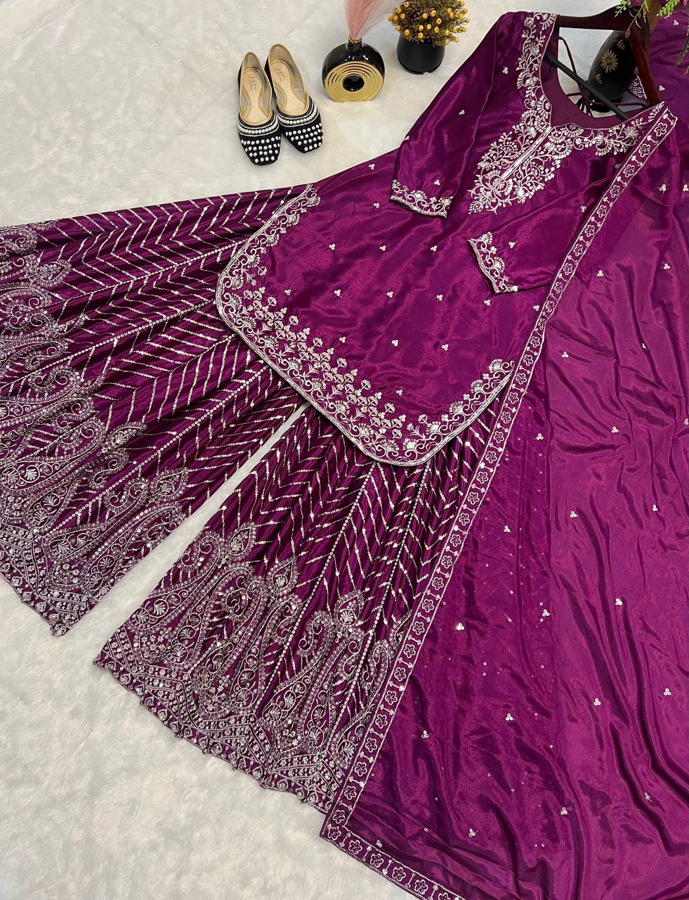Party Wear Wine Color Pure Heavy Chinon Silk With Heavy Embroidery Work Palazzo Suit