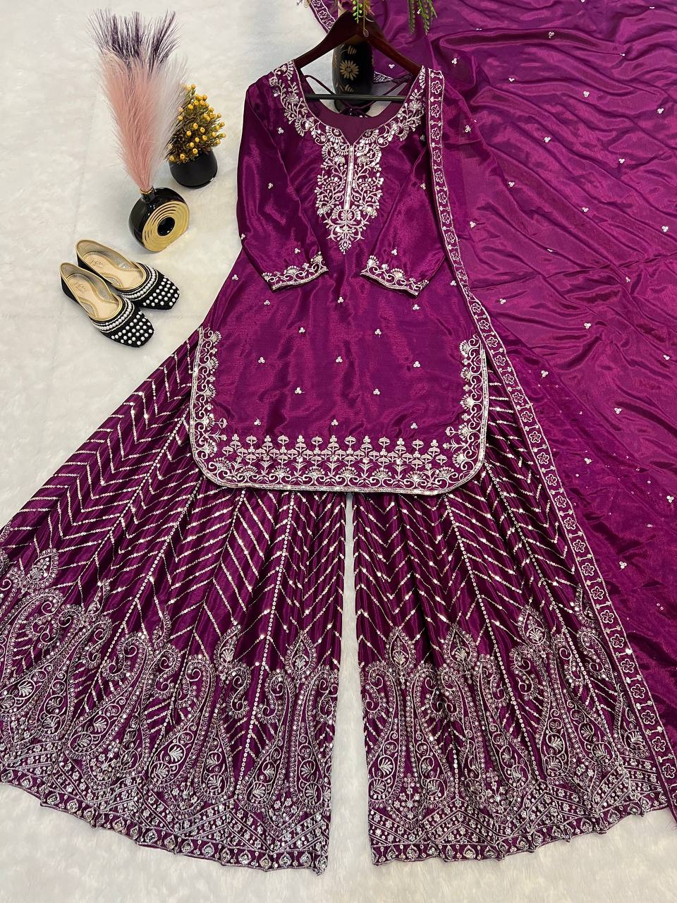 Party Wear Wine Color Pure Heavy Chinon Silk With Heavy Embroidery Work Palazzo Suit