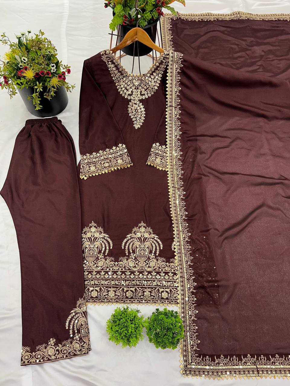 Wedding Wear Coffee Color Heavy Chinon Silk With Heavy Embroidery Sequence Work Salwar Suit
