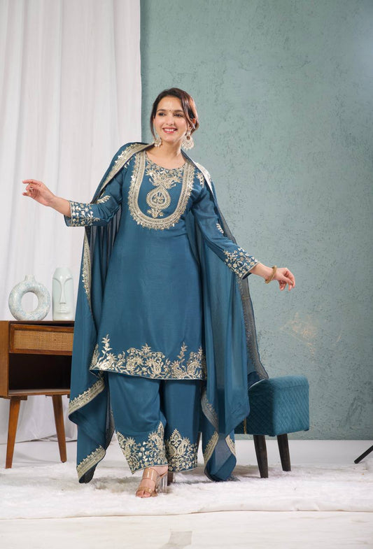 Outstanding Teal Blue Color Pure Heavy Chinon Silk With Heavy Embroidery Coding Sequence Work Salwar Suit