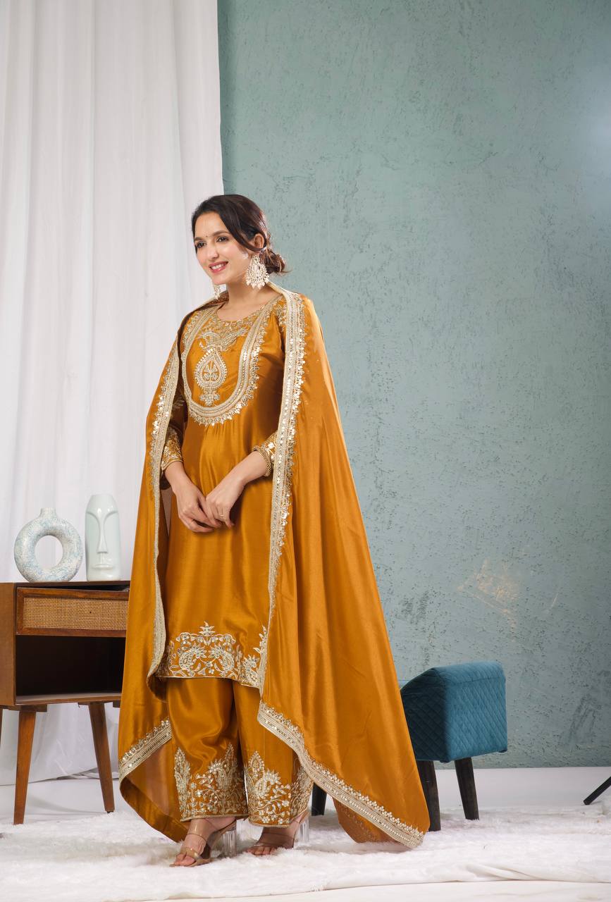 Outstanding Yellow Color Pure Heavy Chinon Silk With Heavy Embroidery Coding Sequence Work Salwar Suit
