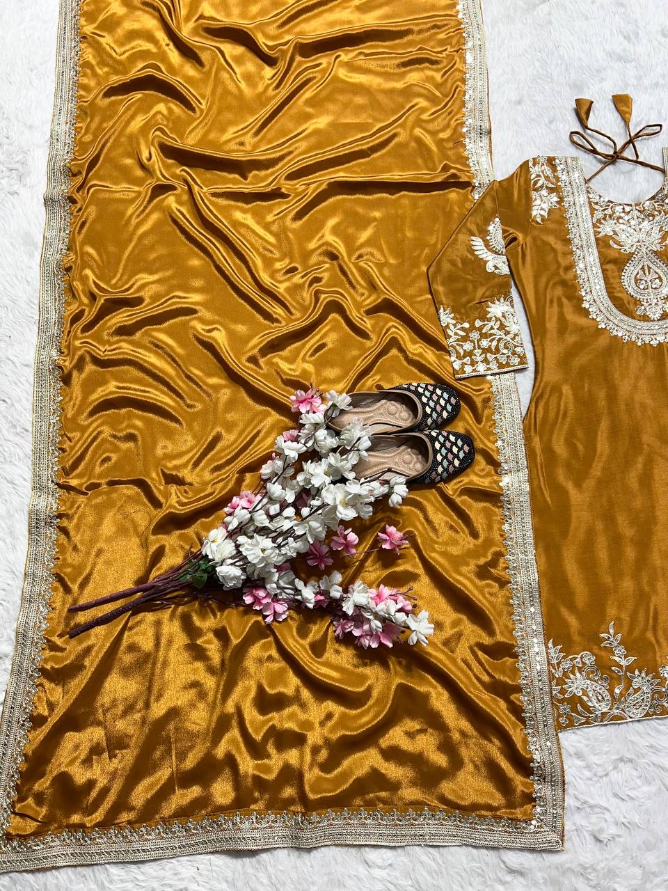 Outstanding Yellow Color Pure Heavy Chinon Silk With Heavy Embroidery Coding Sequence Work Salwar Suit