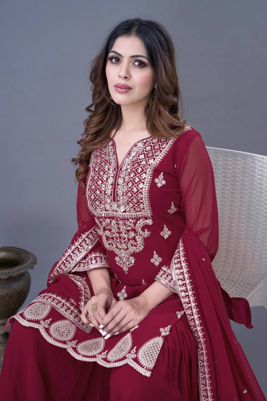 Trendy Maroon Color Heavy Georgette Embroidery Work Designer Sharara Suit