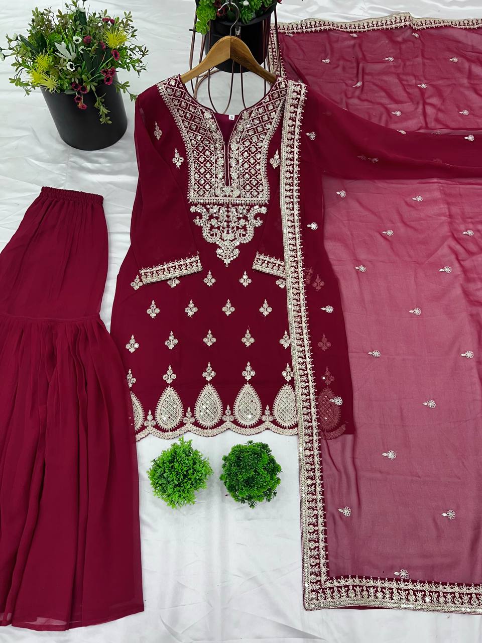 Trendy Maroon Color Heavy Georgette Embroidery Work Designer Sharara Suit