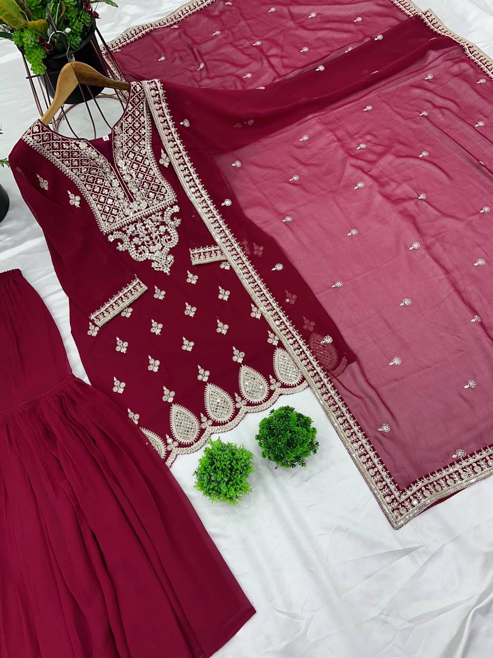 Trendy Maroon Color Heavy Georgette Embroidery Work Designer Sharara Suit