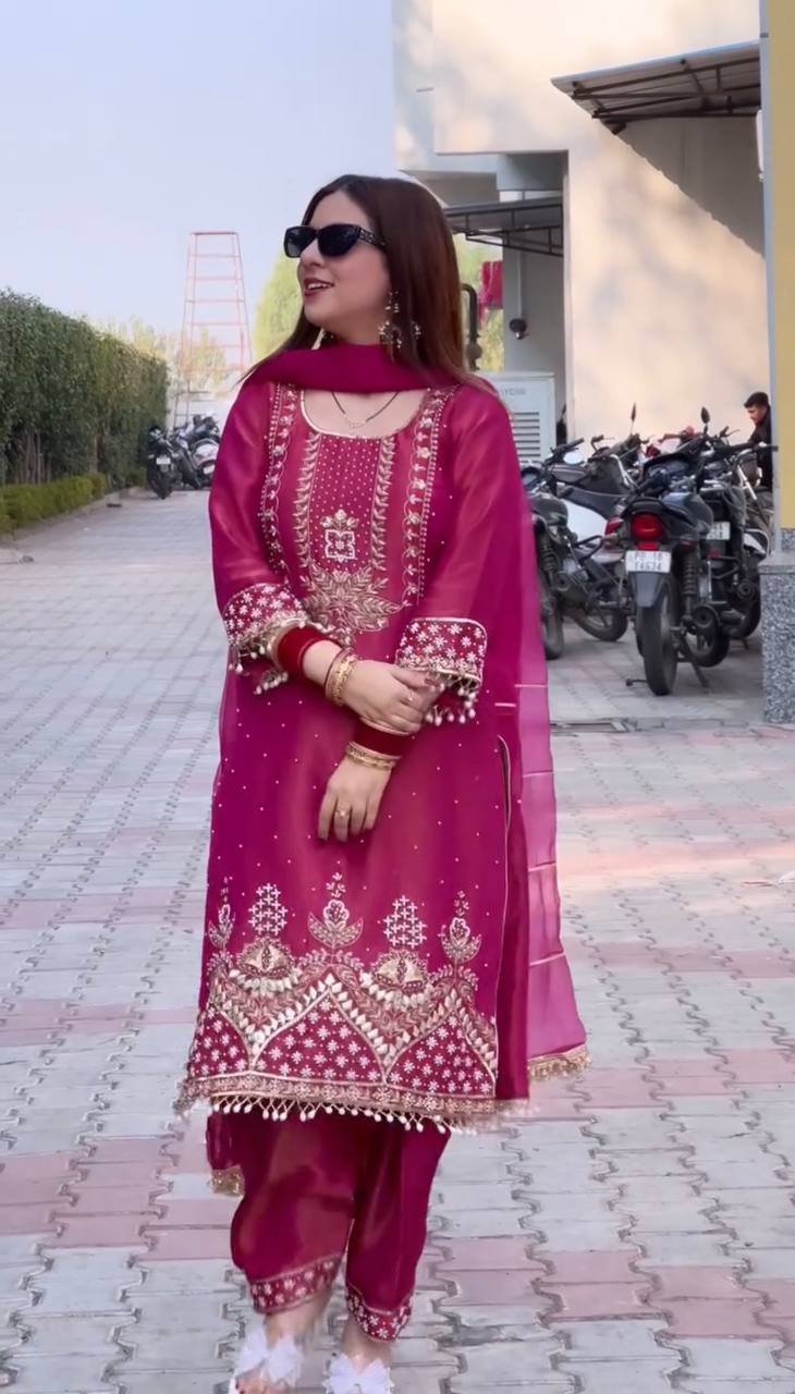 Party Wear Rose Pink Color Roman Shimmer Silk Embroidery Sequences Work Palazzo Suit