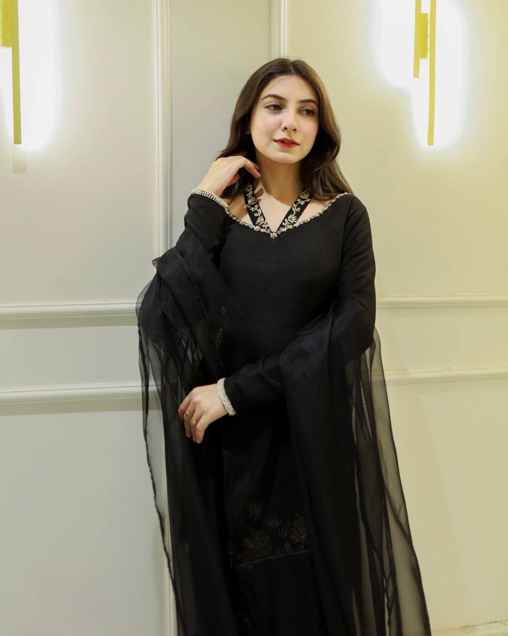 Bollywood Style Black Color Natural Crep Silk With Embrodary Siquance Work Palazzo Suit