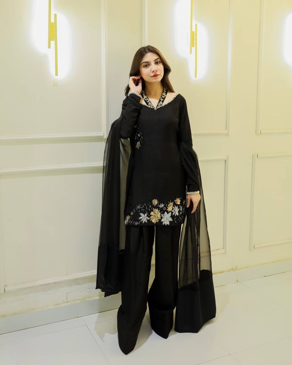 Bollywood Style Black Color Natural Crep Silk With Embrodary Siquance Work Palazzo Suit
