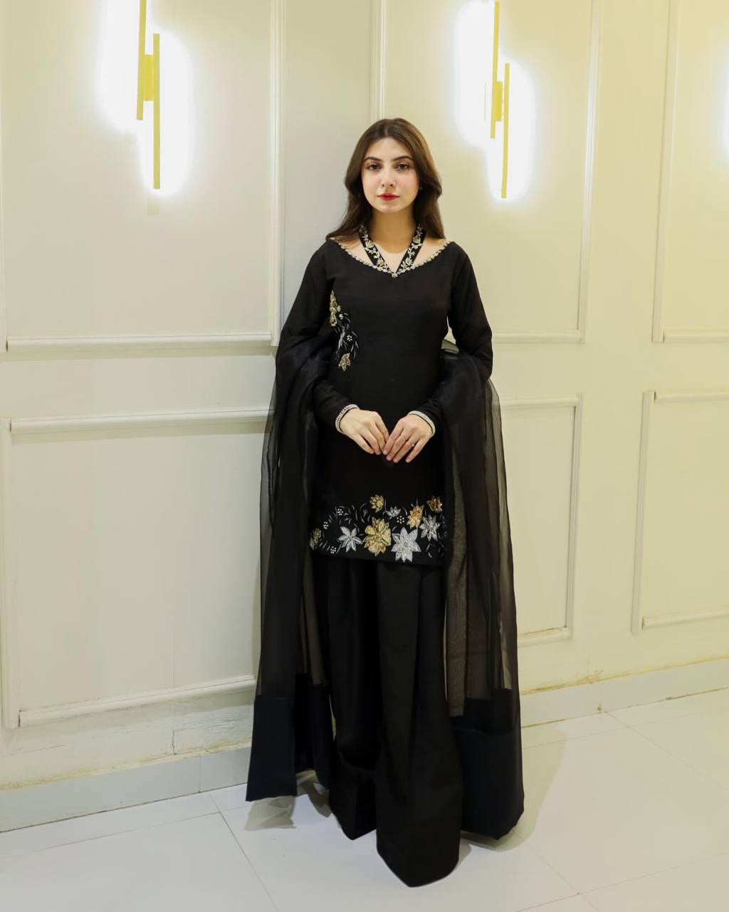 Bollywood Style Black Color Natural Crep Silk With Embrodary Siquance Work Palazzo Suit