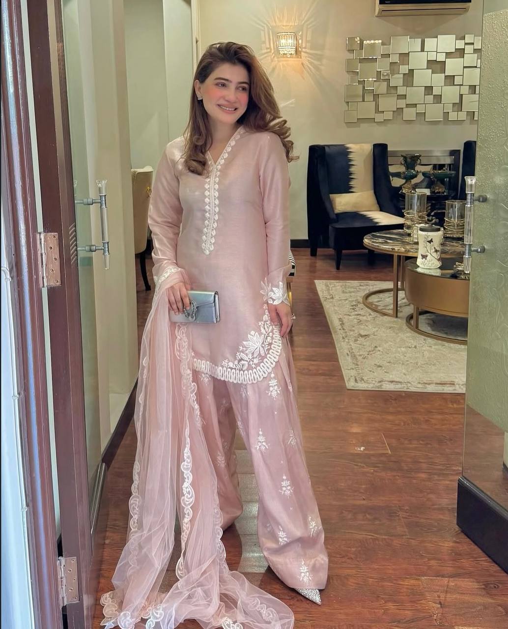 Wedding Wear Beige Color Pure Natural Crepe Silk With Embroidery Sequence Work Palazzo Suit