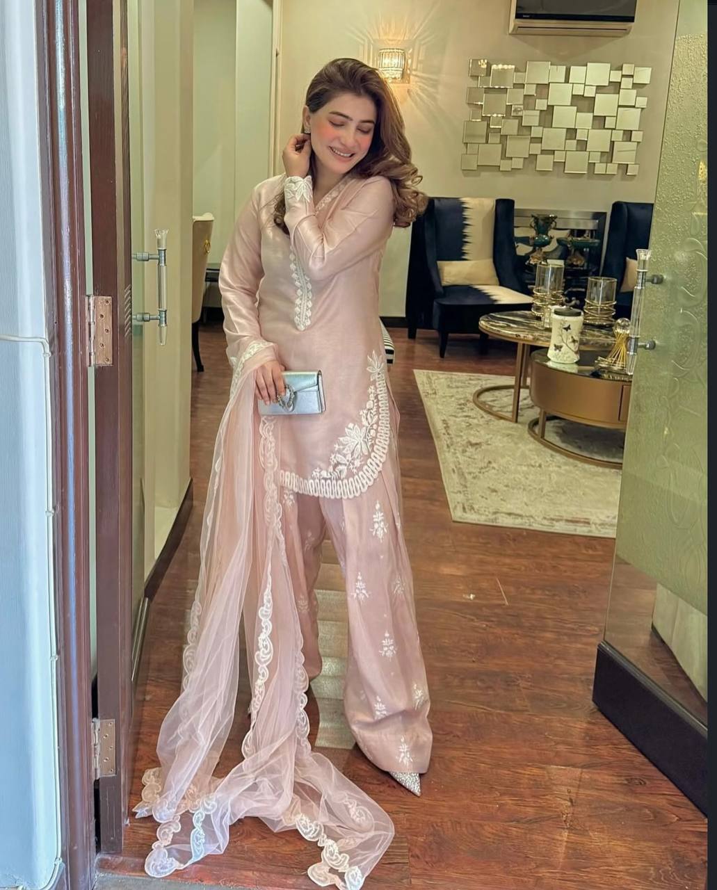 Wedding Wear Beige Color Pure Natural Crepe Silk With Embroidery Sequence Work Palazzo Suit