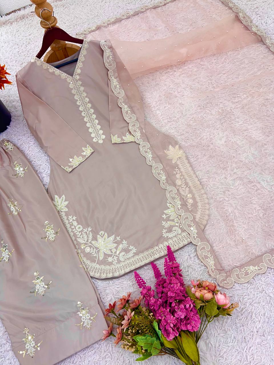 Wedding Wear Beige Color Pure Natural Crepe Silk With Embroidery Sequence Work Palazzo Suit